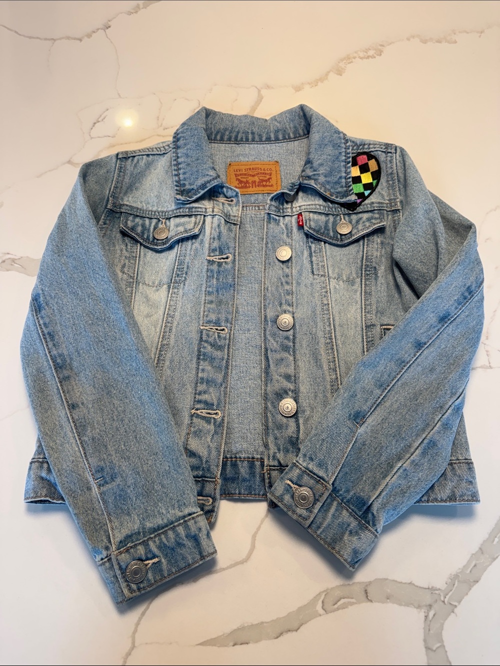 Levi's Light Blue Kids Denim Jacket with Multicolor Checker Heart Patch